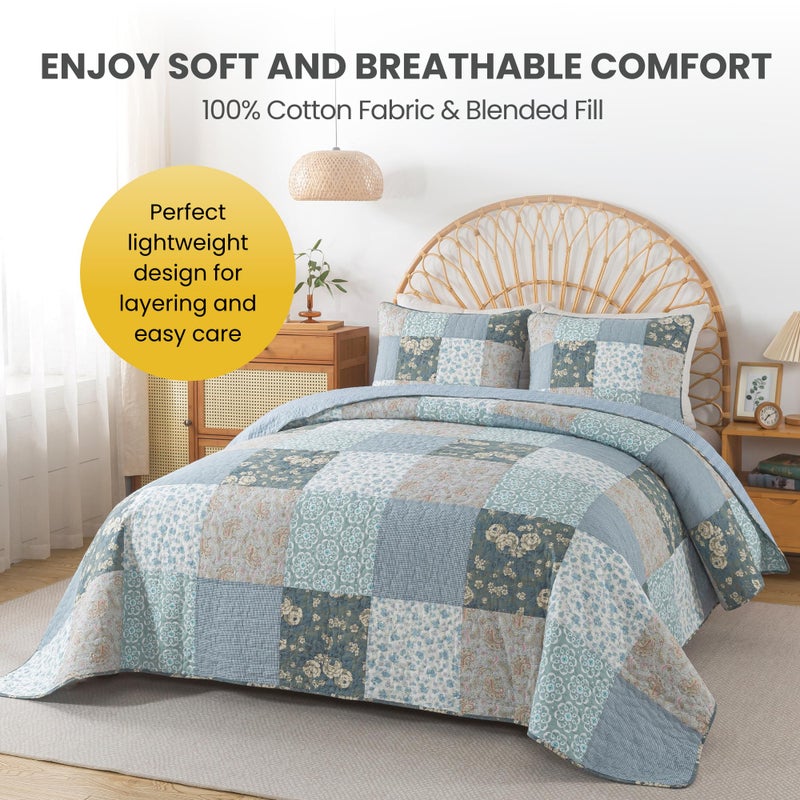 SLPR Wildflowers Cotton Quilt Set - Twin Size with 1 Sham, Blue Gray Floral Pieced Patchwork Design, Country Quilted Bedspread with Flower Pattern, Cottage Style Bedding for All Seasons - Image 3